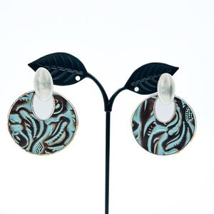 Patricia Nash Style Turquoise Swirl Drop Earrings, Silver Tone Disc Dangle